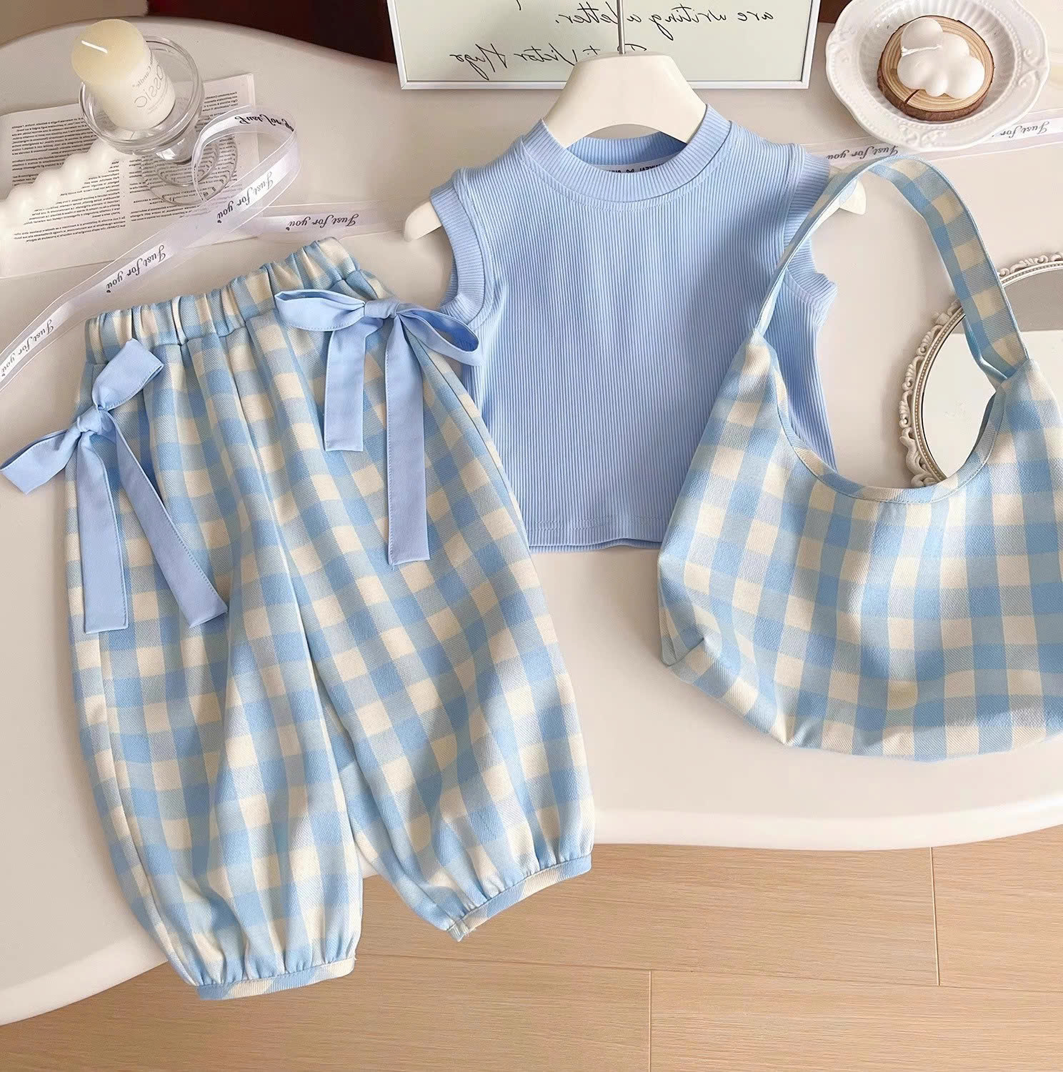 SET CARO XANH 3 MÓN ÁO+QUẦN+TÚI BG