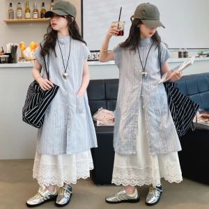 SET ÁO KẺ MIX VÁY TRẮNG CHO BÉ