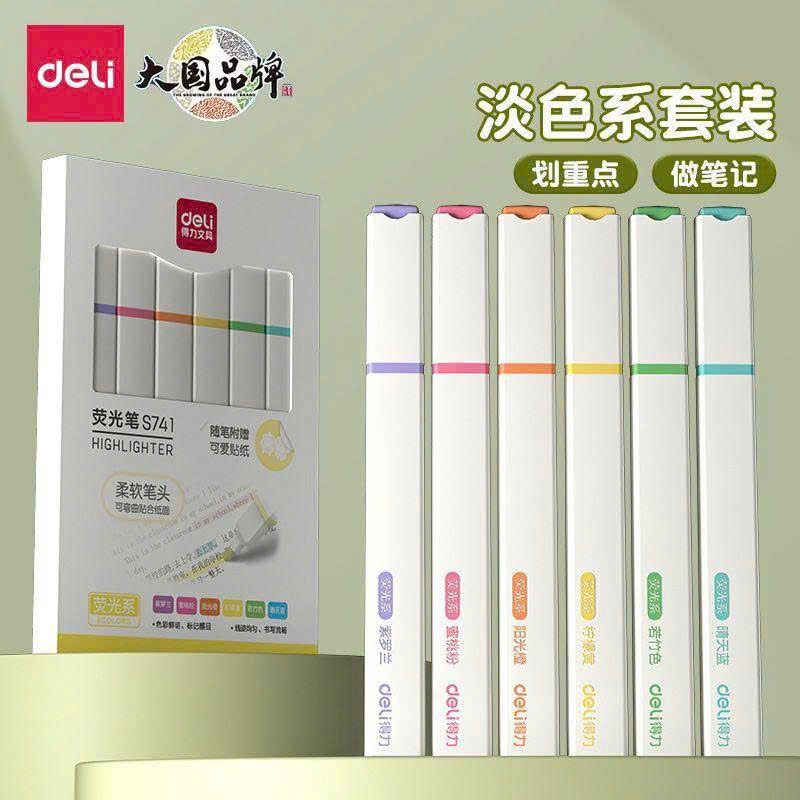 Bộ 6 bút highlight nhớ kèm dòng sticker Deli