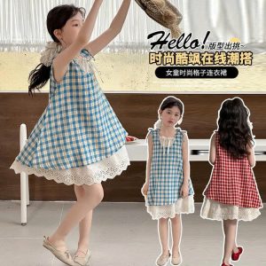 VÁY KẺ PHỐI REN CHO BÉ GÁI