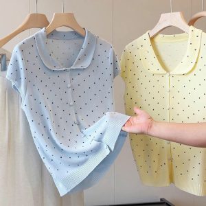ÁO DỆT KIM CỔ SEN CHẤM BI ANNA